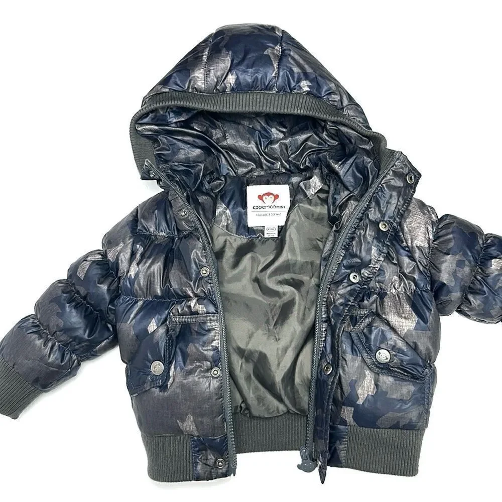 Appaman Down Hooded Puffer Baby Boys Gray Navy Blue Camo 12-18 m